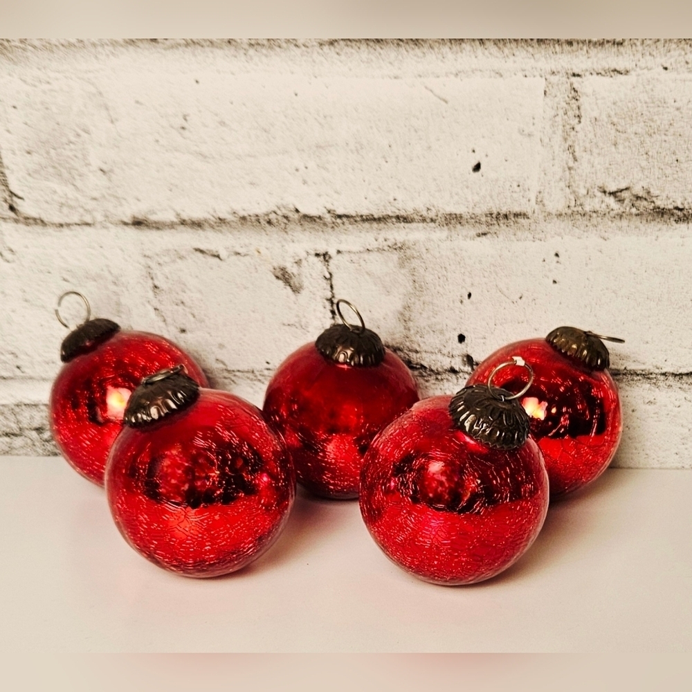 Vintage 1990s Red Crackle Glass Ornaments Set of 5 Retro Christmas Decor